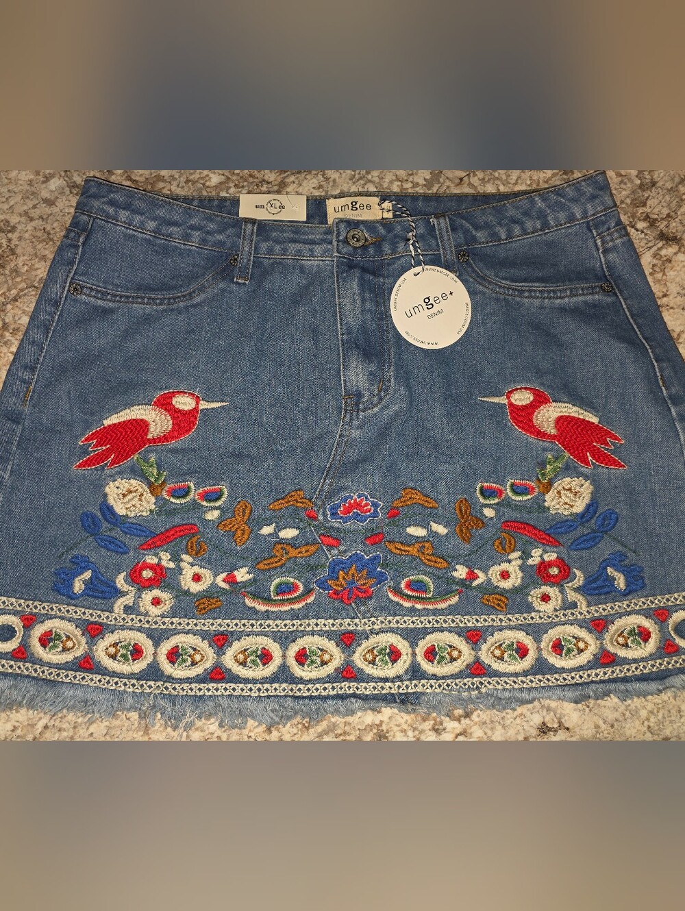 Umgee Denim Mini Skirt with Red Bird & Multicolor Embroidery NWT XL